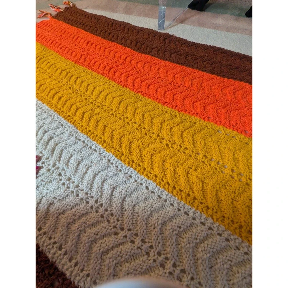 Crochet Afghan Yellow Orange Brown Harvest Autumn Blanket Handmade 54X59 Vintage
